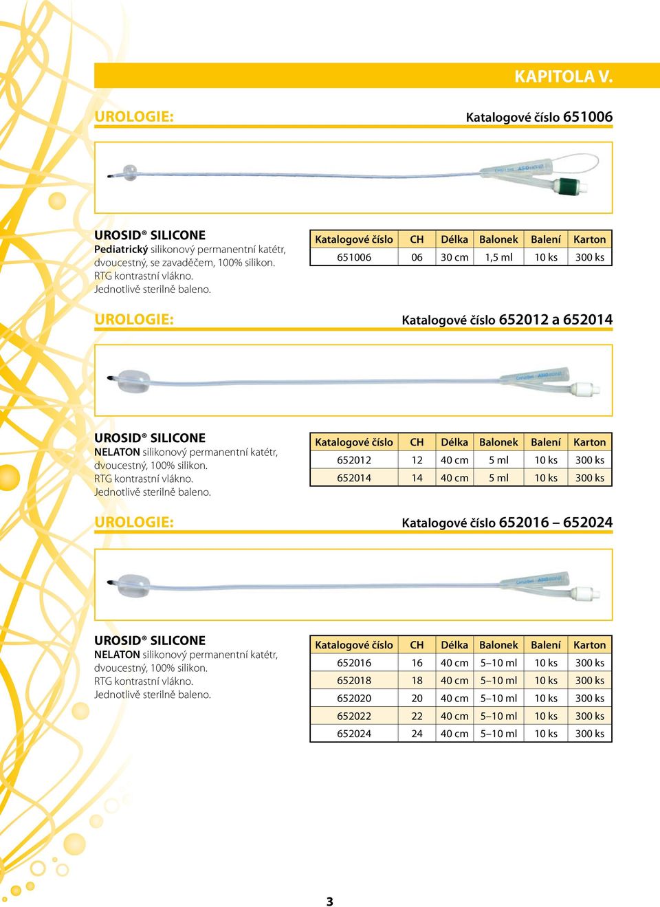 652012 12 40 cm 5 ml 10 ks 300 ks 652014 14 40 cm 5 ml 10 ks 300 ks UROLOGIE: Katalogové číslo 652016 652024 UROSID SILICONE NELATON silikonový permanentní katétr,