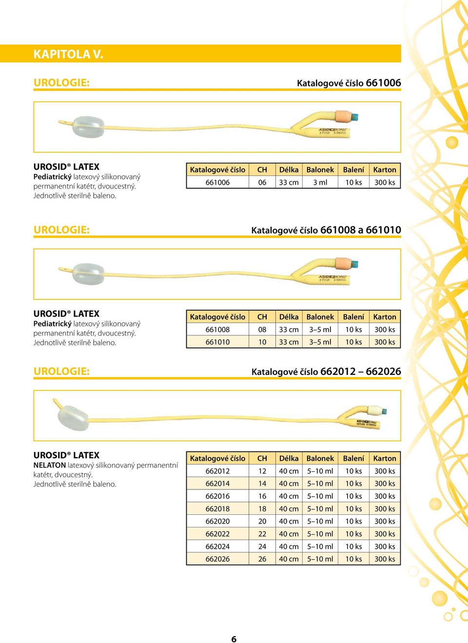 661008 08 33 cm 3 5 ml 10 ks 300 ks 661010 10 33 cm 3 5 ml 10 ks 300 ks UROLOGIE: Katalogové číslo 662012 662026 UROSID LATEX NELATON latexový silikonovaný permanentní katétr, dvoucestný.