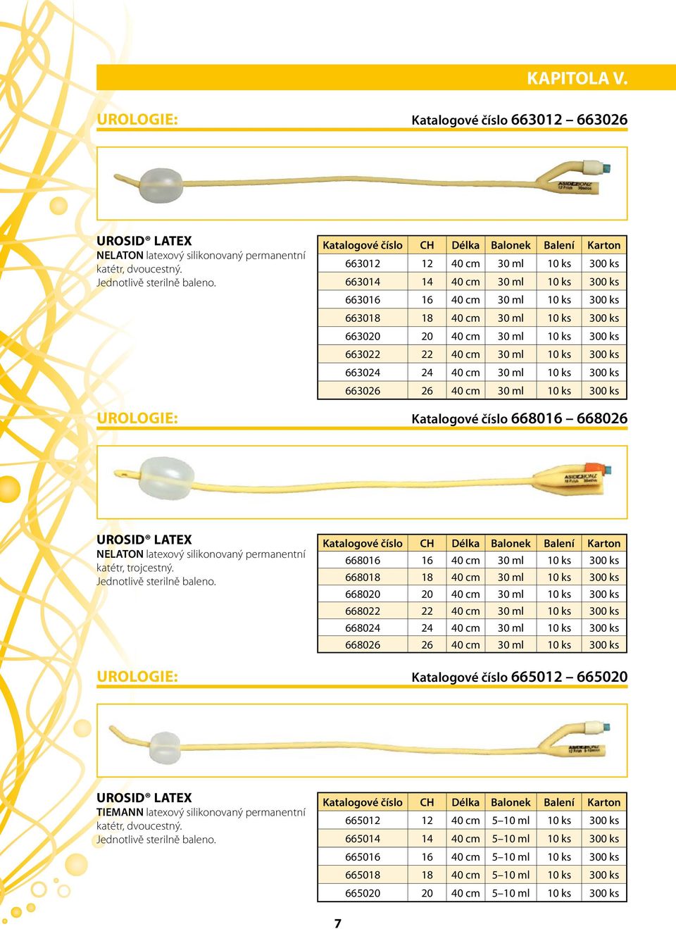 ks 300 ks 663024 24 40 cm 30 ml 10 ks 300 ks 663026 26 40 cm 30 ml 10 ks 300 ks UROLOGIE: Katalogové číslo 668016 668026 UROSID LATEX NELATON latexový silikonovaný permanentní katétr, trojcestný.