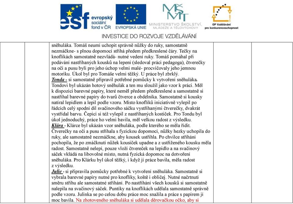 Úkol byl pro Tomáše velmi těžký. U práce byl zbrklý. Tonda - si samostatně připravil potřebné pomůcky k vytvoření sněhuláka. Tondovi byl ukázán hotový sněhulák a ten mu sloužil jako vzor k práci.