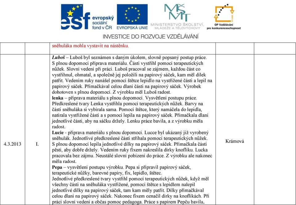 Vedením ruky nanášel pomocí štětce lepidlo na vystřižené části a lepil na papírový sáček. Přimačkával celou dlaní části na papírový sáček. Výrobek dohotoven s plnou dopomocí.