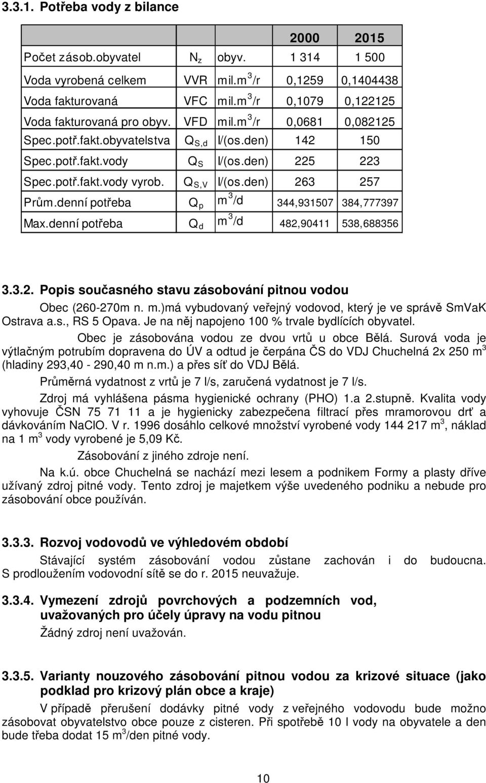 Q S,V I/(os.den) 263 257 Prům.denní potřeba Q p m 3 /d 344,931507 384,777397 Max.denní potřeba Q d m 3 /d 482,90411 538,688356 3.3.2. Popis současného stavu zásobování pitnou vodou Obec (260-270m n.