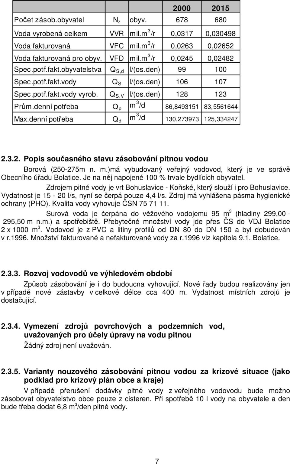 denní potřeba Q p m 3 /d 86,8493151 83,5561644 Max.denní potřeba Q d m 3 /d 130,273973 125,334247 2.3.2. Popis současného stavu zásobování pitnou vodou Borová (250-275m n. m.)má vybudovaný veřejný vodovod, který je ve správě Obecního úřadu Bolatice.