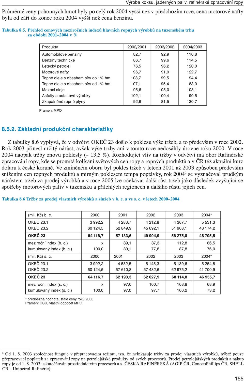 Přehled cenových meziročních indexů hlavních ropných výrobků na tuzemském trhu za období 2001 2004 v Produkty 2002/2001 2003/2002 2004/2003 Automobilové benziny 82,7 92,9 110,8 Benziny technické 86,7