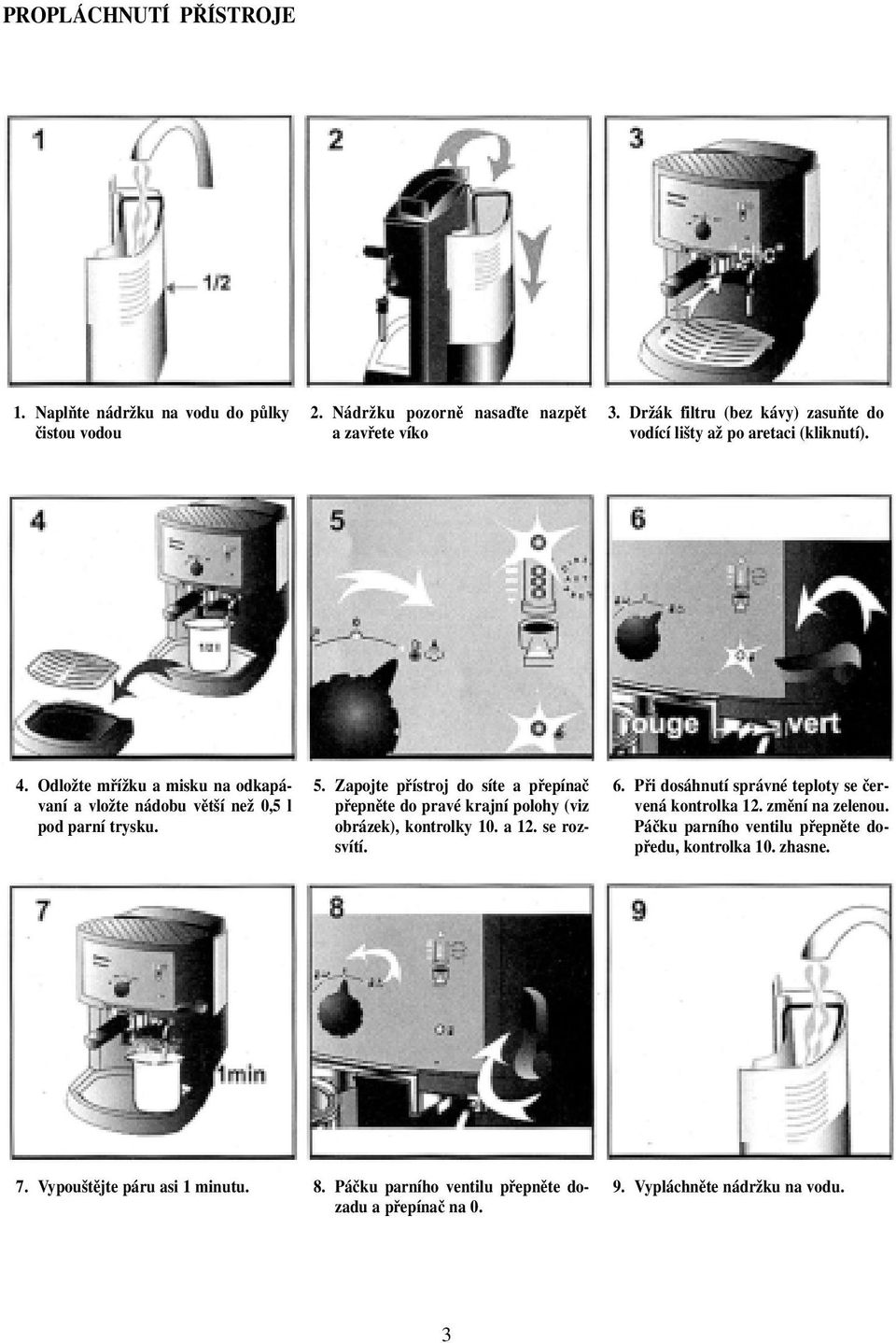 Zapojte pfiístroj do síte a pfiepínaã pfiepnûte do pravé krajní polohy (viz obrázek), kontrolky 10. a 12. se rozsvítí. 6.