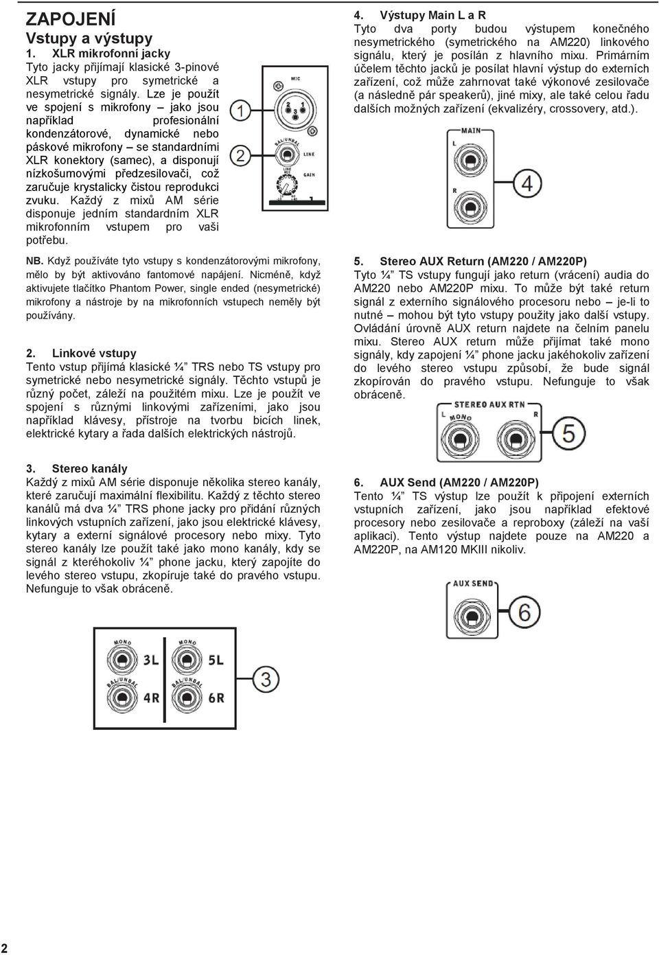 předzesilovači, což zaručuje krystalicky čistou reprodukci zvuku. Každý z mixů AM série disponuje jedním standardním XLR mikrofonním vstupem pro vaši potřebu. NB.