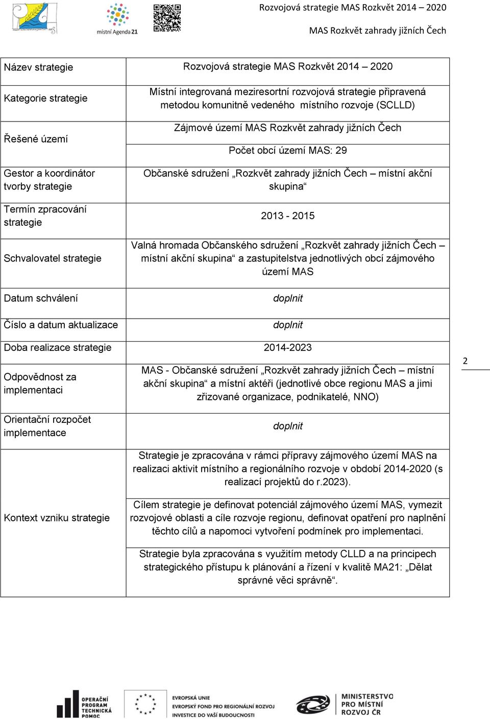 Rozkvět zahrady jižních Čech místní akční skupina 2013-2015 Valná hromada Občanského sdružení Rozkvět zahrady jižních Čech místní akční skupina a zastupitelstva jednotlivých obcí zájmového území MAS