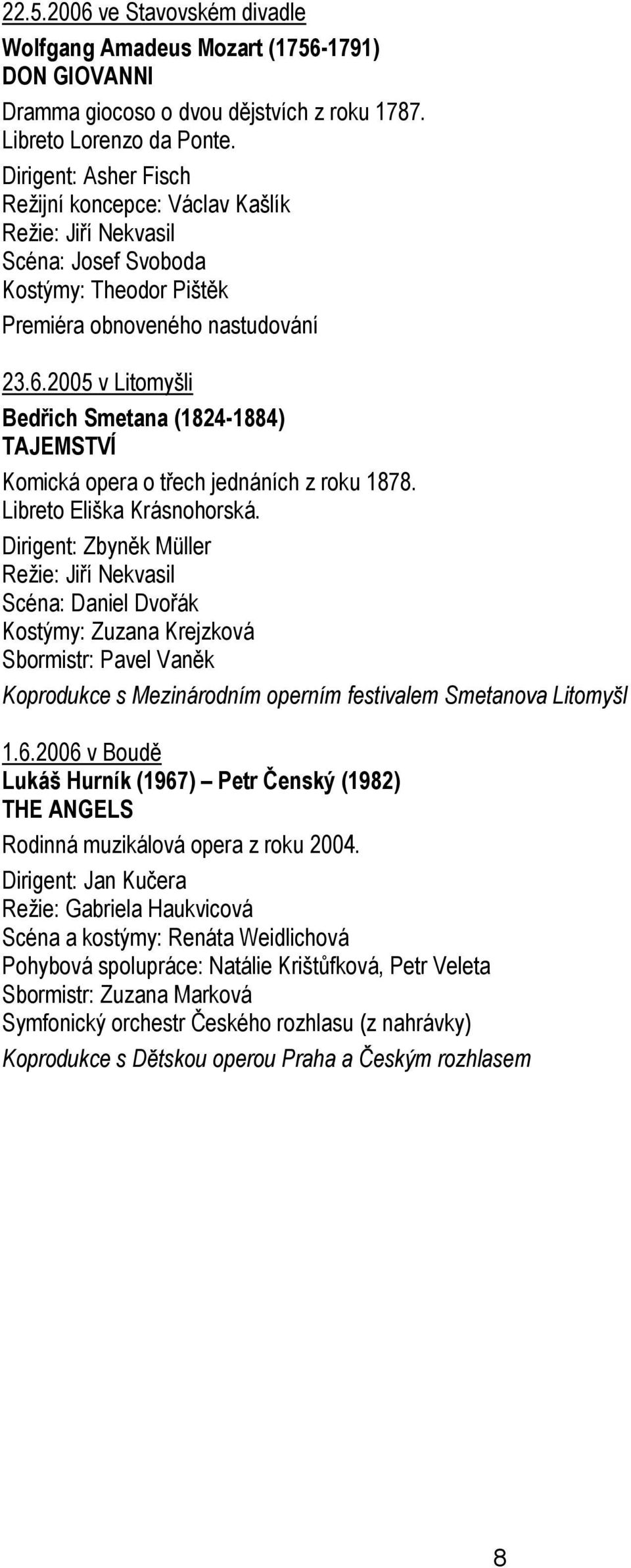 2005 v Litomyšli Bedřich Smetana (1824-1884) TAJEMSTVÍ Komická opera o třech jednáních z roku 1878. Libreto Eliška Krásnohorská.