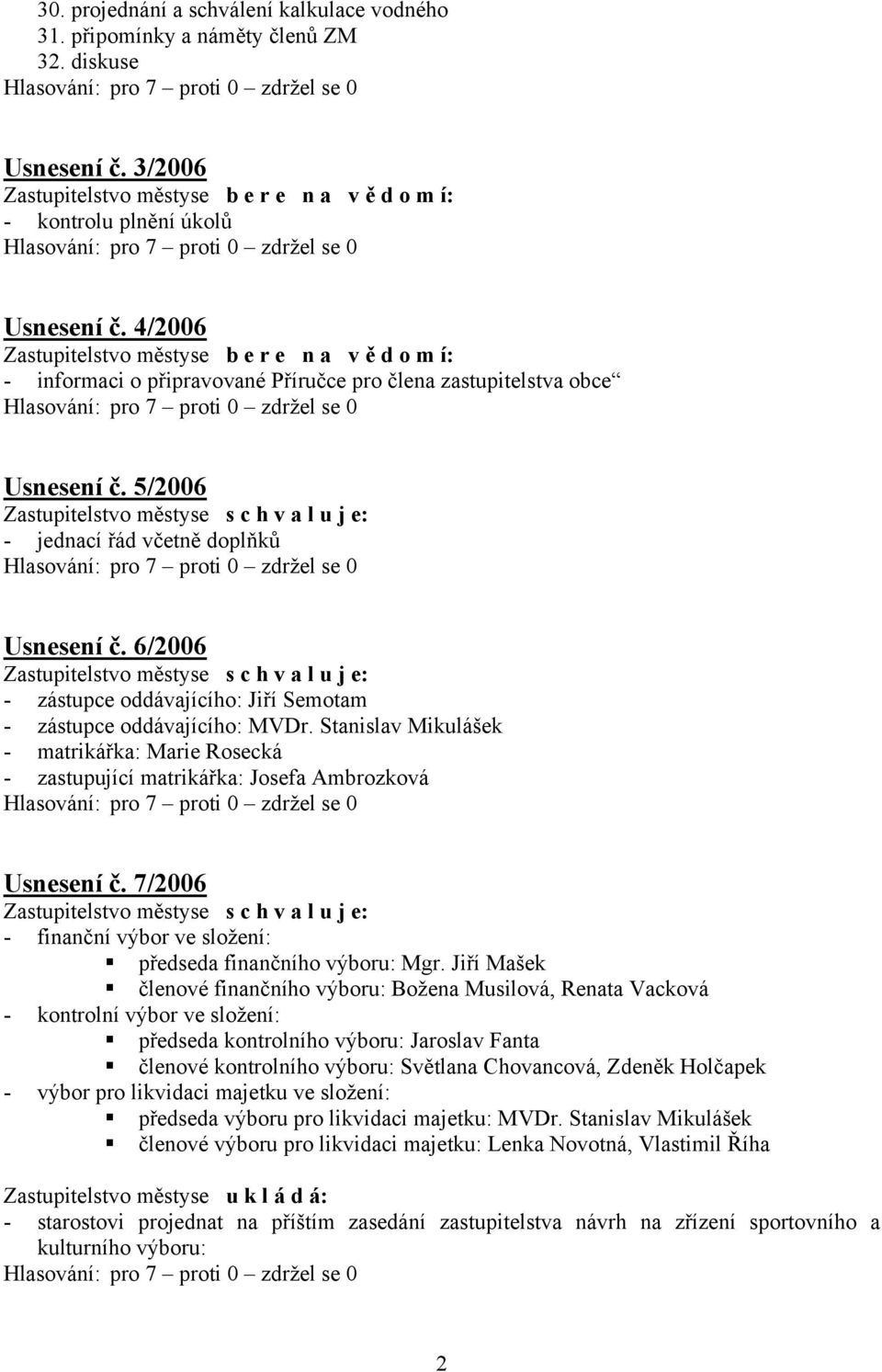 6/2006 - zástupce oddávajícího: Jiří Semotam - zástupce oddávajícího: MVDr. Stanislav Mikulášek - matrikářka: Marie Rosecká - zastupující matrikářka: Josefa Ambrozková Usnesení č.