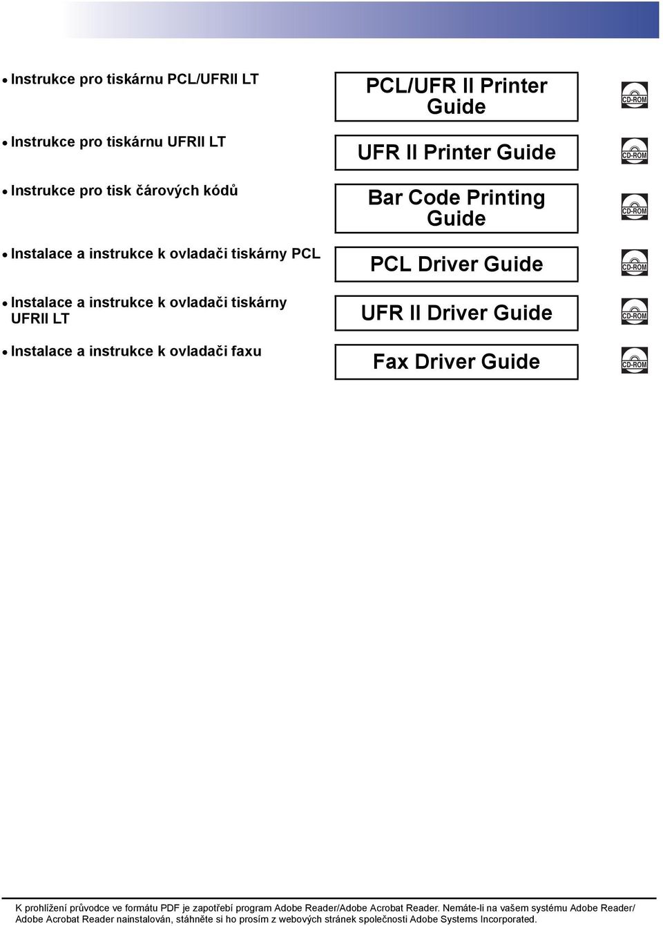 Driver Guide CD-ROM Instalace a instrukce k ovladači faxu Fax Driver Guide CD-ROM K prohlížení průvodce ve formátu PDF je zapotřebí program Adobe Reader/Adobe