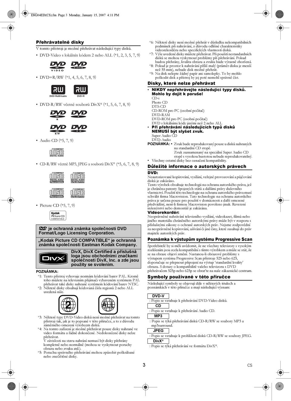 (*5, 6, 7, 8, 9) Picture CD (*5, 7, 9) je ochranná známka společnosti DVD Format/Logo Licensing Corporation. Kodak Picture CD COMPATIBLE je ochranná známka společnosti Eastman Kodak Company.