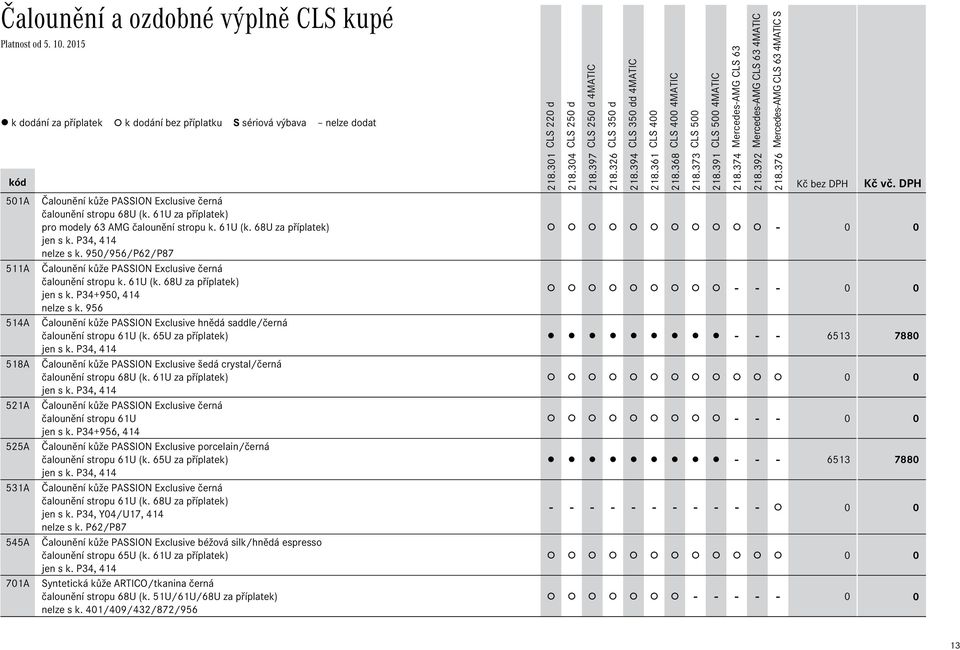 956 Čalounění kůže PASSION Exclusive hnědá saddle/černá čalounění stropu 61U (k. 65U za příplatek) jen s k. P34, 414 Čalounění kůže PASSION Exclusive šedá crystal/černá čalounění stropu 68U (k.