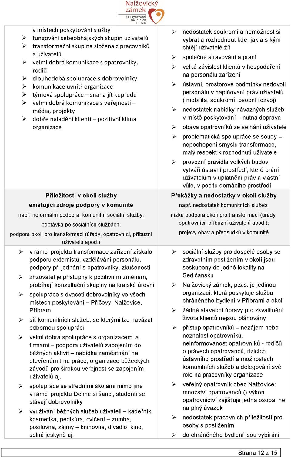 organizace Příležitosti v okolí služby existující zdroje podpory v komunitě např.