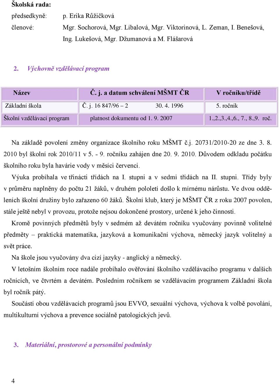 ,2.,3.,4.,6., 7., 8.,9. roč. Na základě povolení změny organizace školního roku MŠMT č.j. 20731/2010-20 ze dne 3. 8. 2010 byl školní rok 2010/11 v 5. 9. ročníku zahájen dne 20. 9. 2010. Důvodem odkladu počátku školního roku byla havárie vody v měsíci červenci.