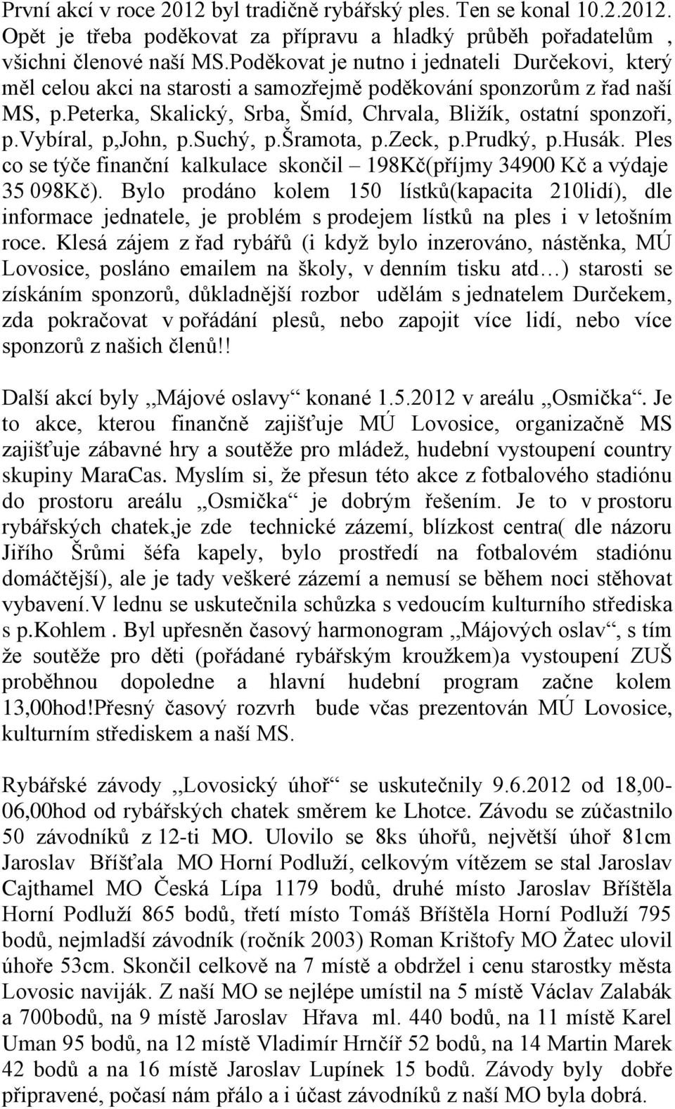 vybíral, p,john, p.suchý, p.šramota, p.zeck, p.prudký, p.husák. Ples co se týče finanční kalkulace skončil 198Kč(příjmy 34900 Kč a výdaje 35 098Kč).