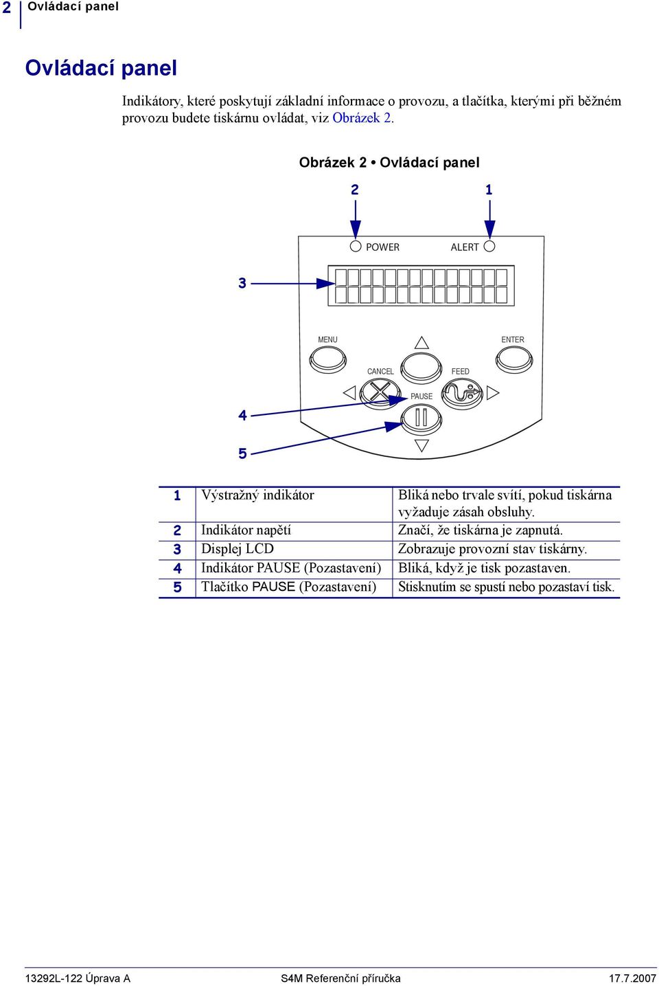 Obrázek Ovládací panel POWER ALERT MENU ENTER CANCEL FEED 4 PAUSE 5 Výstražný indikátor Bliká nebo trvale svítí, pokud tiskárna vyžaduje zásah
