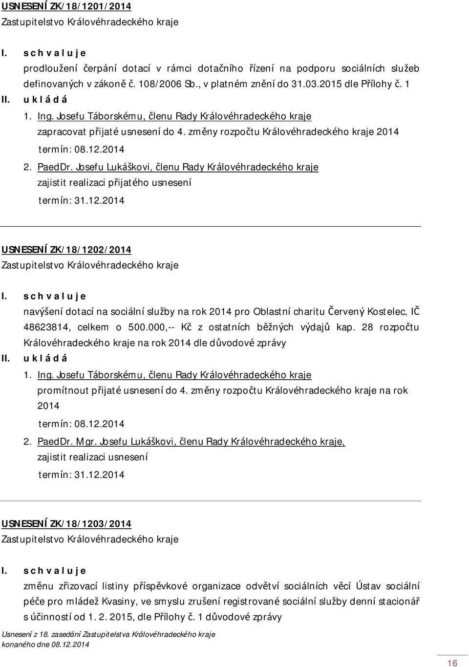 Josefu Lukáškovi, členu Rady Královéhradeckého kraje USNESENÍ ZK/18/1202/2014 navýšení dotací na sociální služby na rok 2014 pro Oblastní charitu Červený Kostelec, IČ 48623814, celkem o 500.