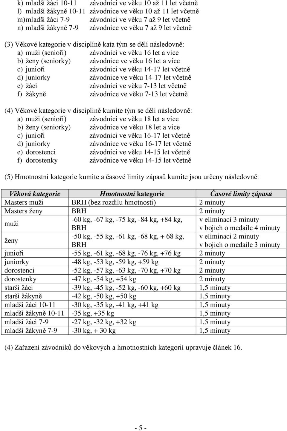 c) junioři závodníci ve věku 14-17 let včetně d) juniorky závodnice ve věku 14-17 let včetně e) žáci závodníci ve věku 7-13 let včetně f) žákyně závodnice ve věku 7-13 let včetně (4) Věkové kategorie