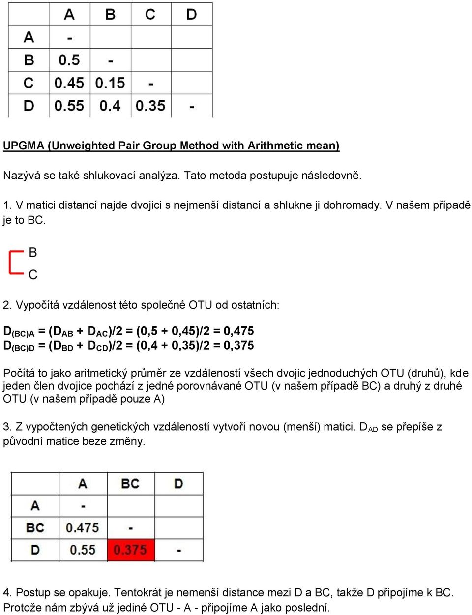 Vypočítá vzdálenost této společné OTU od ostatních: D (BC)A = (D AB + D AC )/2 = (0,5 + 0,45)/2 = 0,475 D (BC)D = (D BD + D CD )/2 = (0,4 + 0,35)/2 = 0,375 Počítá to jako aritmetický průměr ze