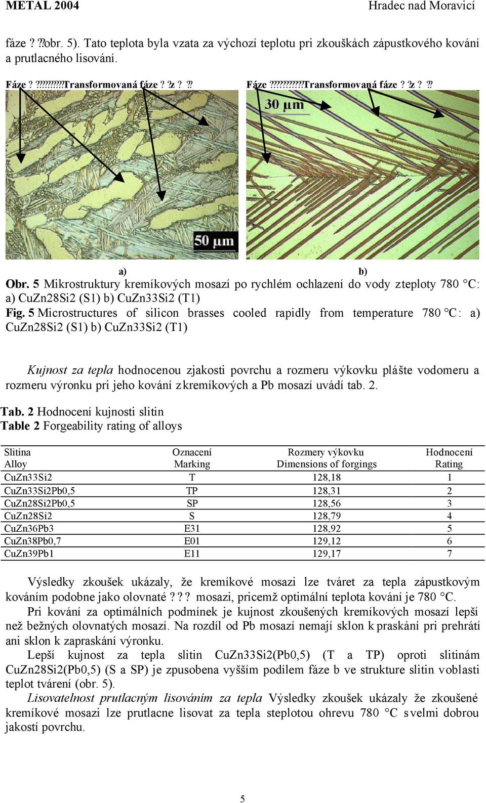 5 Microstructures of silicon brasses cooled rapidly from temperature 780 C: a) CuZn28Si2 (S1) b) CuZn33Si2 (T1) Kujnost za tepla hodnocenou z jakosti povrchu a rozmeru výkovku plášte vodomeru a