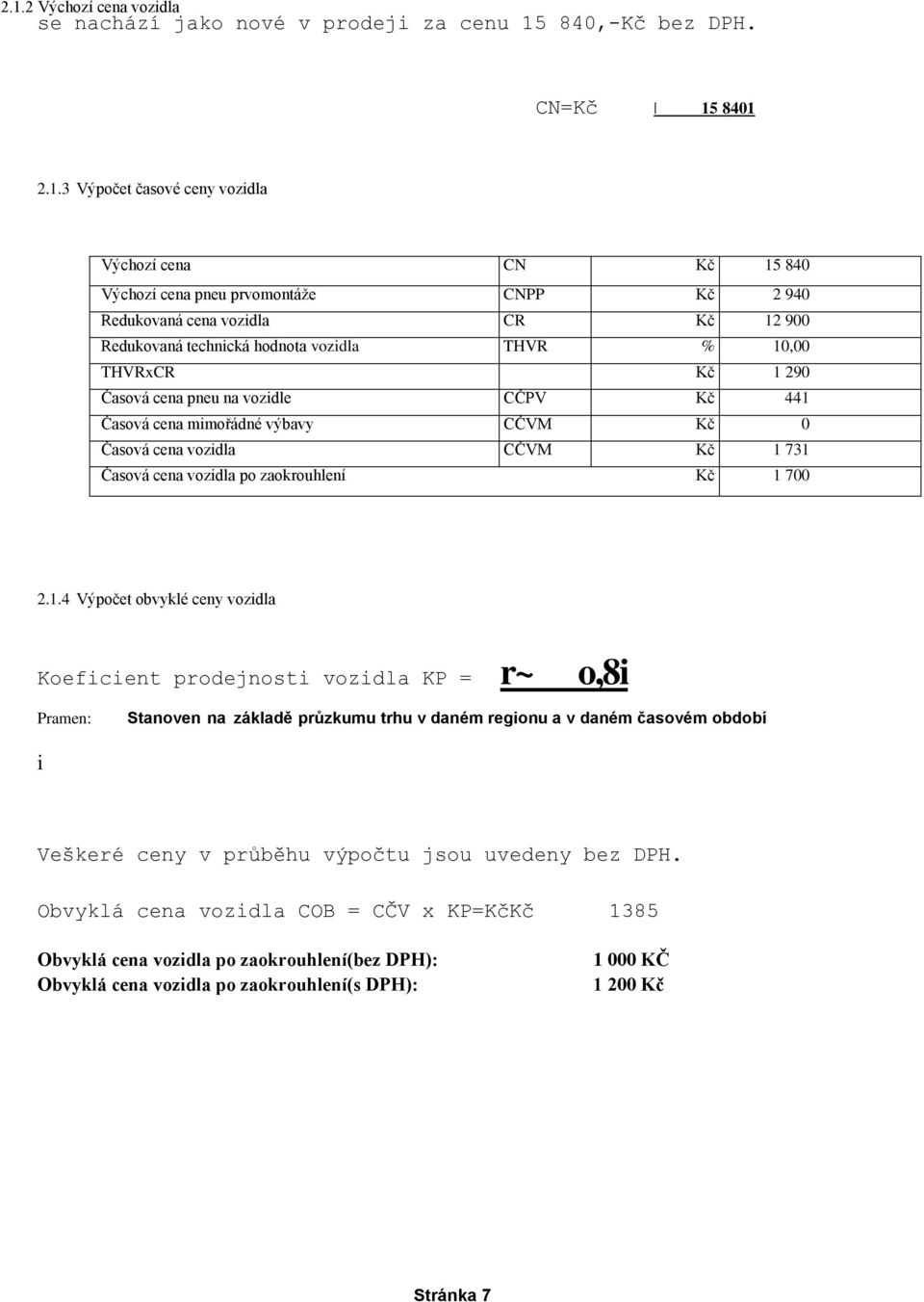 Kč 1 731 Časová cena vozidla po zaokrouhlení Kč 1 7 2.1.4 Výpočet obvyklé ceny vozidla Koeficient prodejnosti vozidla KP = r~ o,8i Pramen: Stanoven na základě průzkumu trhu v daném regionu a v daném