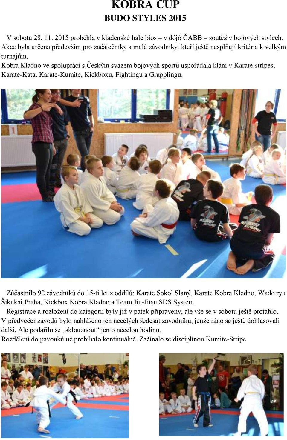 Kobra Kladno ve spolupráci s Českým svazem bojových sportů uspořádala klání v Karate-stripes, Karate-Kata, Karate-Kumite, Kickboxu, Fightingu a Grapplingu.
