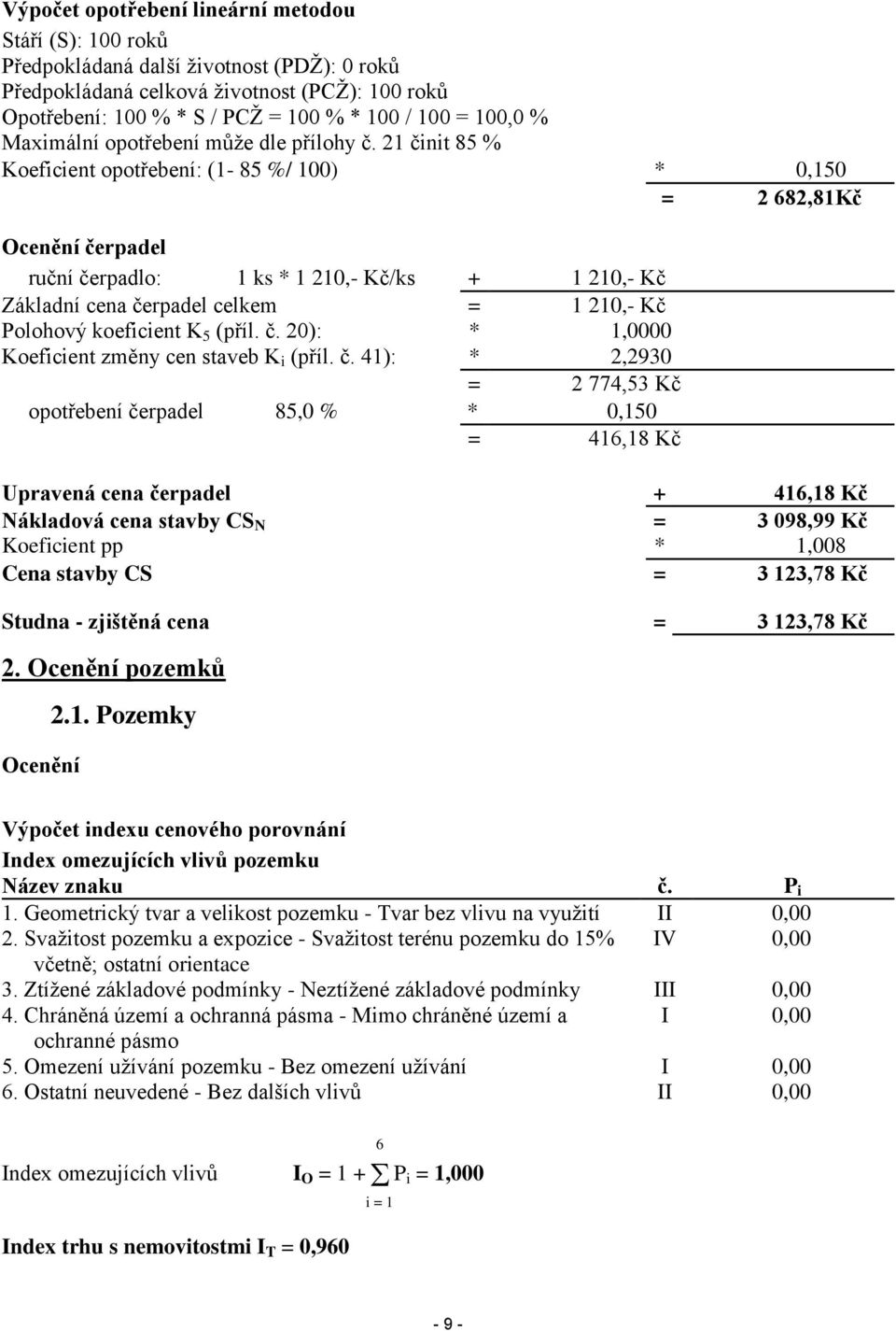 21 činit 85 % Koeficient opotřebení: (1-85 %/ 100) * 0,150 = 2 682,81Kč Ocenění čerpadel ruční čerpadlo: 1 ks * 1 210,- Kč/ks + 1 210,- Kč Základní cena čerpadel celkem = 1 210,- Kč Polohový