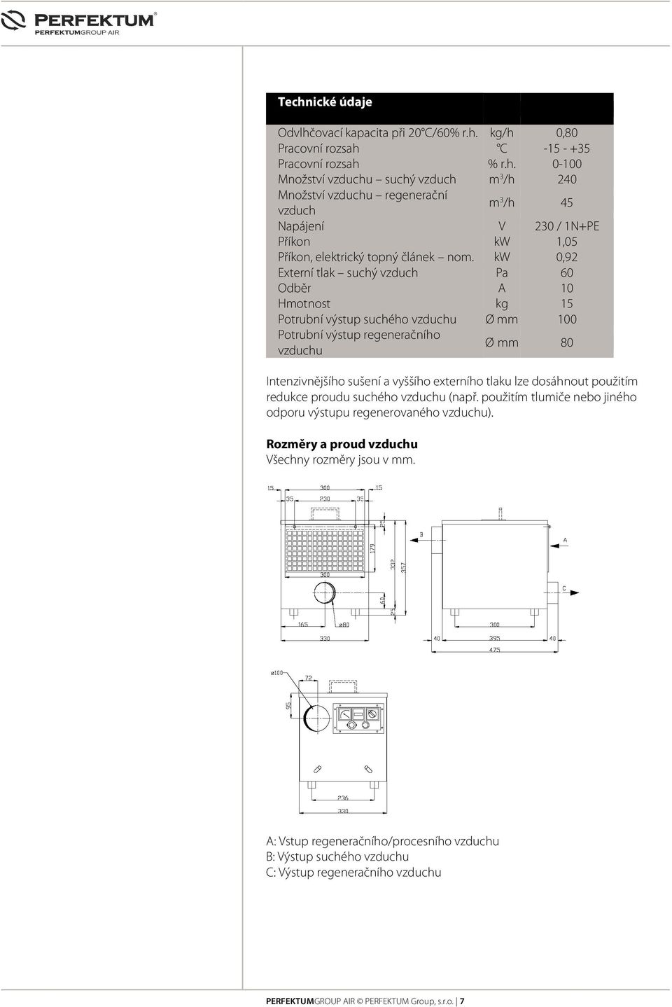 tlaku lze dosáhnout použitím redukce proudu suchého vzduchu (např. použitím tlumiče nebo jiného odporu výstupu regenerovaného vzduchu). Rozměry a proud vzduchu Všechny rozměry jsou v mm.