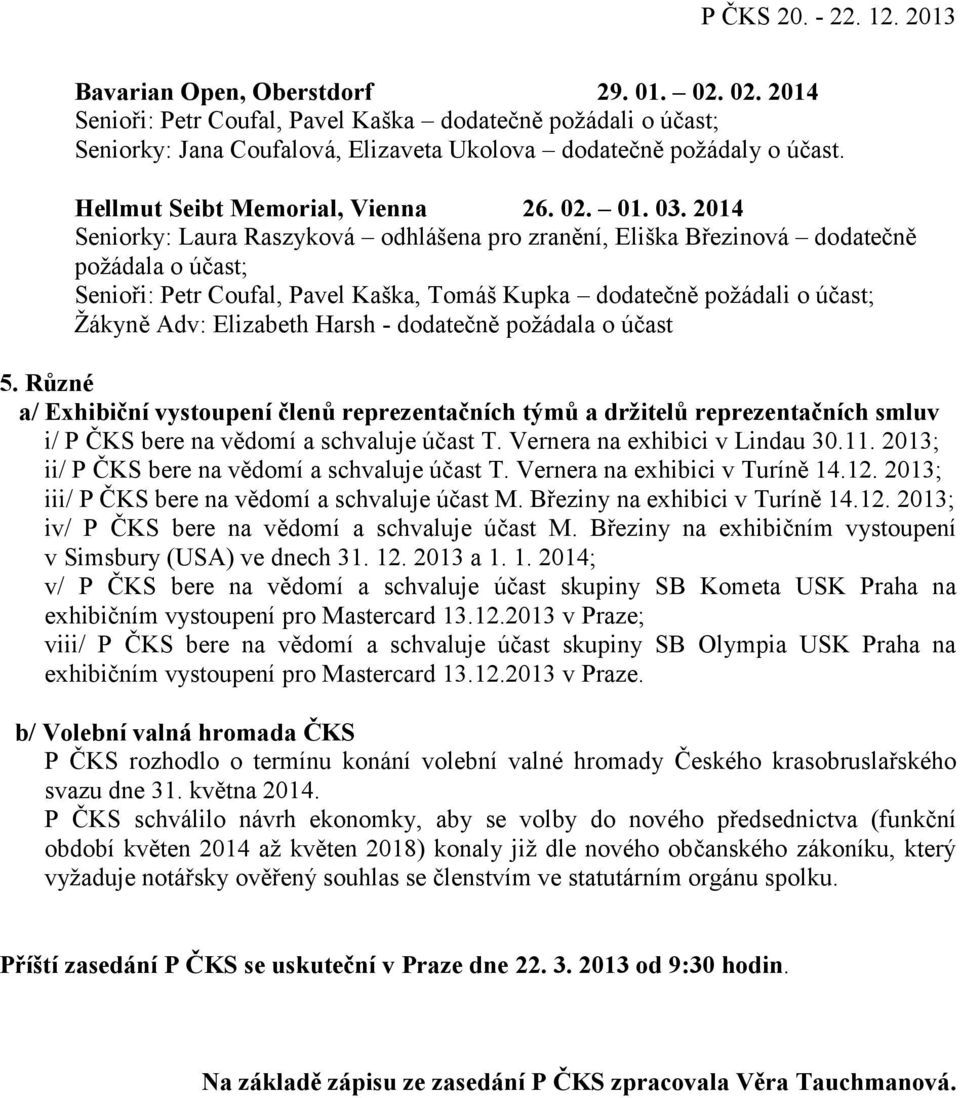 2014 Seniorky: Laura Raszyková odhlášena pro zranění, Eliška Březinová dodatečně požádala o účast; Senioři: Petr Coufal, Pavel Kaška, Tomáš Kupka dodatečně požádali o účast; Žákyně Adv: Elizabeth