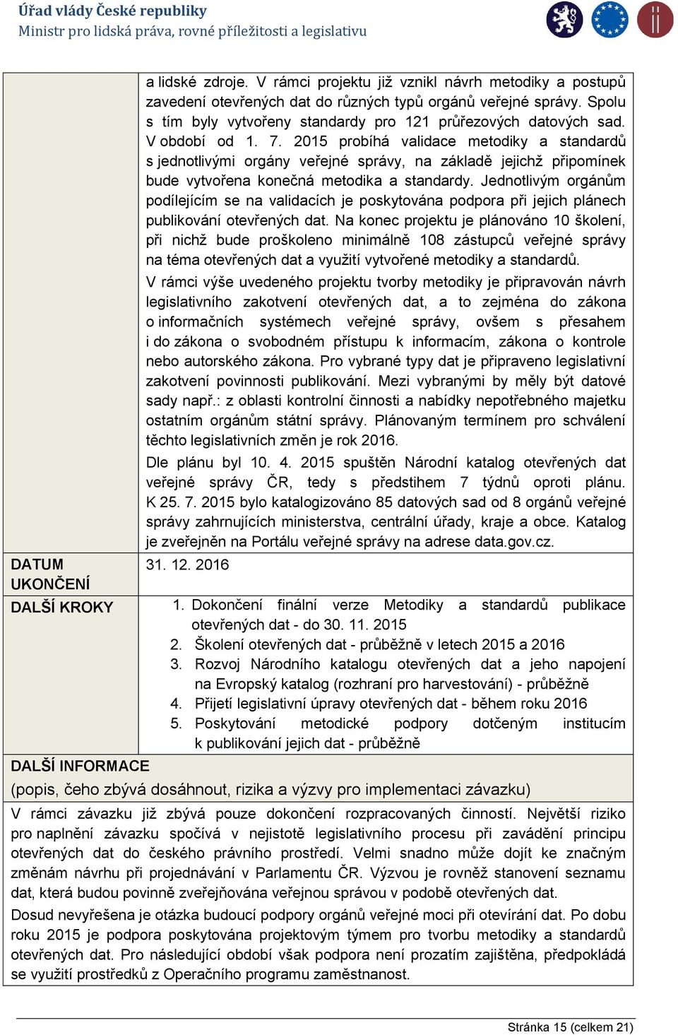 2015 probíhá validace metodiky a standardů s jednotlivými orgány veřejné správy, na základě jejichž připomínek bude vytvořena konečná metodika a standardy.