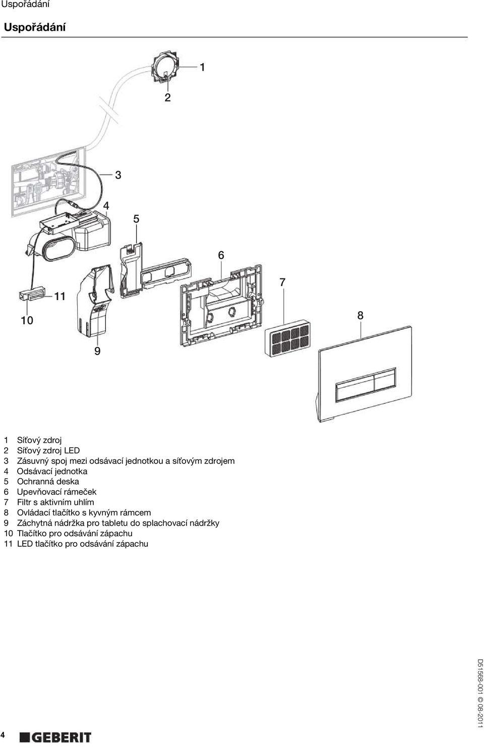 rámeček 7 Filtr s aktivním uhlím 8 Ovládací tlačítko s kyvným rámcem 9 Záchytná nádržka pro