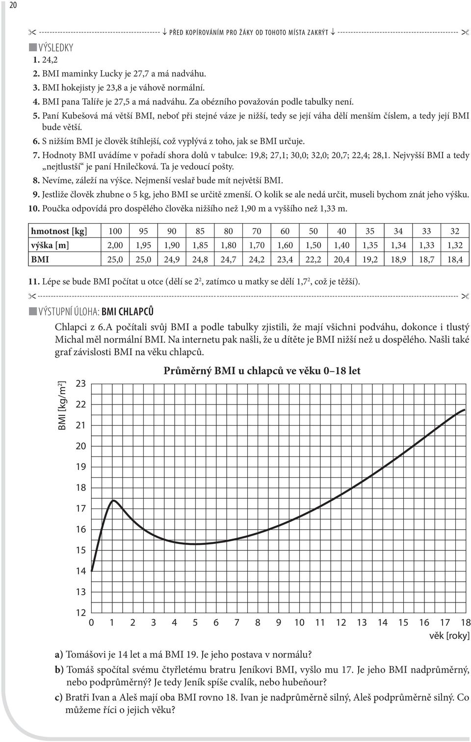 Paní Kubešová má větší BMI, neboť při stejné váze je nižší, tedy se její váha dělí menším číslem, a tedy její BMI bude větší. 6.