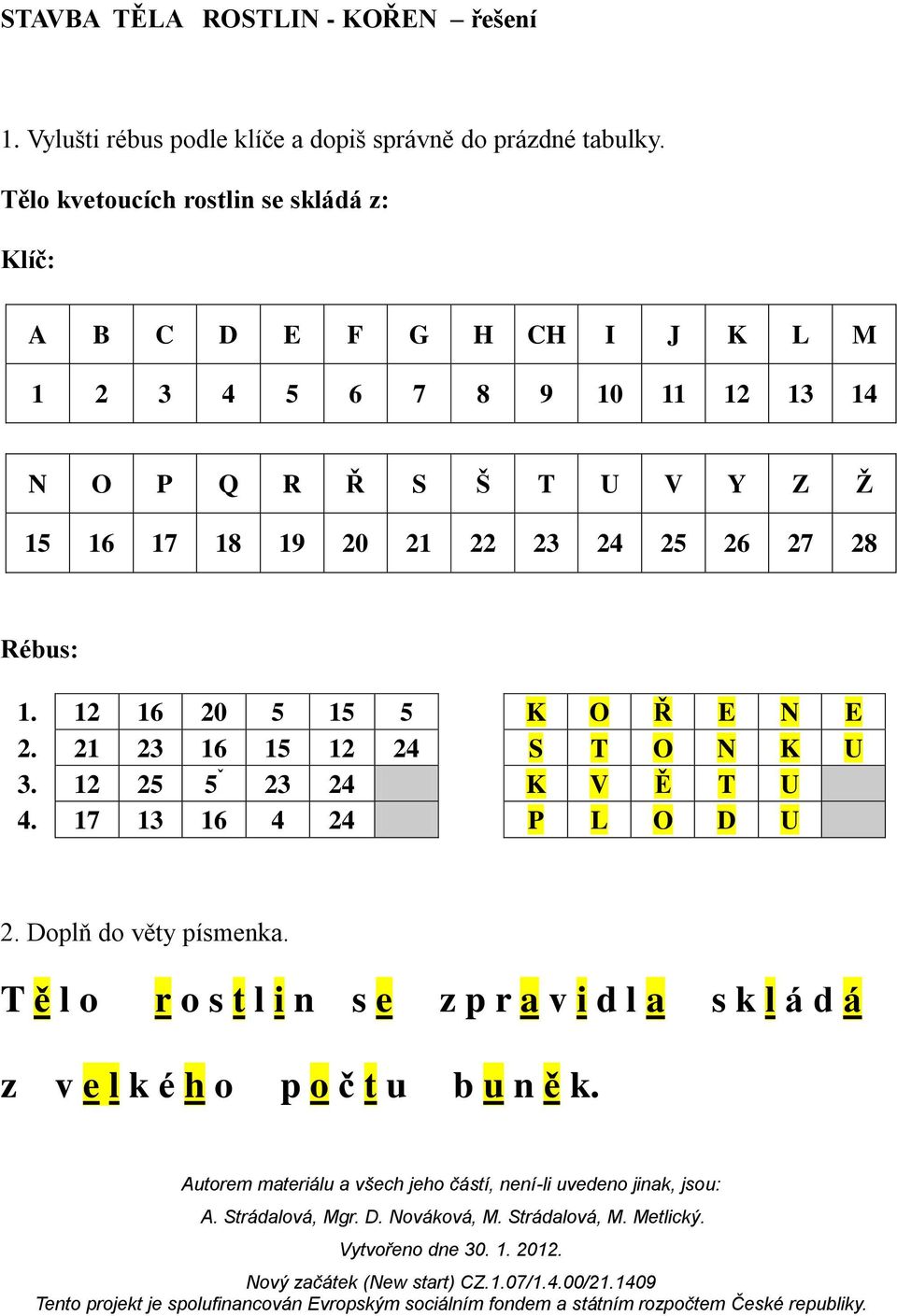 Z Ţ 15 16 17 18 19 20 21 22 23 24 25 26 27 28 Rébus: 1. 12 16 20 5 15 5 K O Ř E N E 2. 21 23 16 15 12 24 S T O N K U 3.