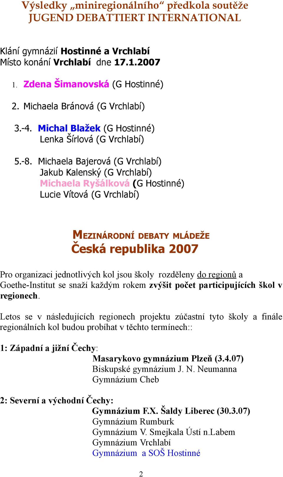 Michaela Bajerová (G Vrchlabí) Jakub Kalenský (G Vrchlabí) Michaela Ryšálková (G Hostinné) Lucie Vítová (G Vrchlabí) MEZINÁRODNÍ DEBATY MLÁDEŽE Česká republika 2007 Pro organizaci jednotlivých kol