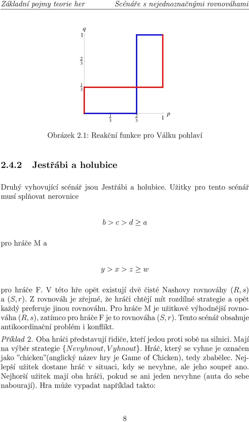 V této hře opět existují dvě čisté Nashovy rovnováhy (R, s) a (S, r). Z rovnováh je zřejmé, že hráči chtějí mít rozdílné strategie a opět každý preferuje jinou rovnováhu.