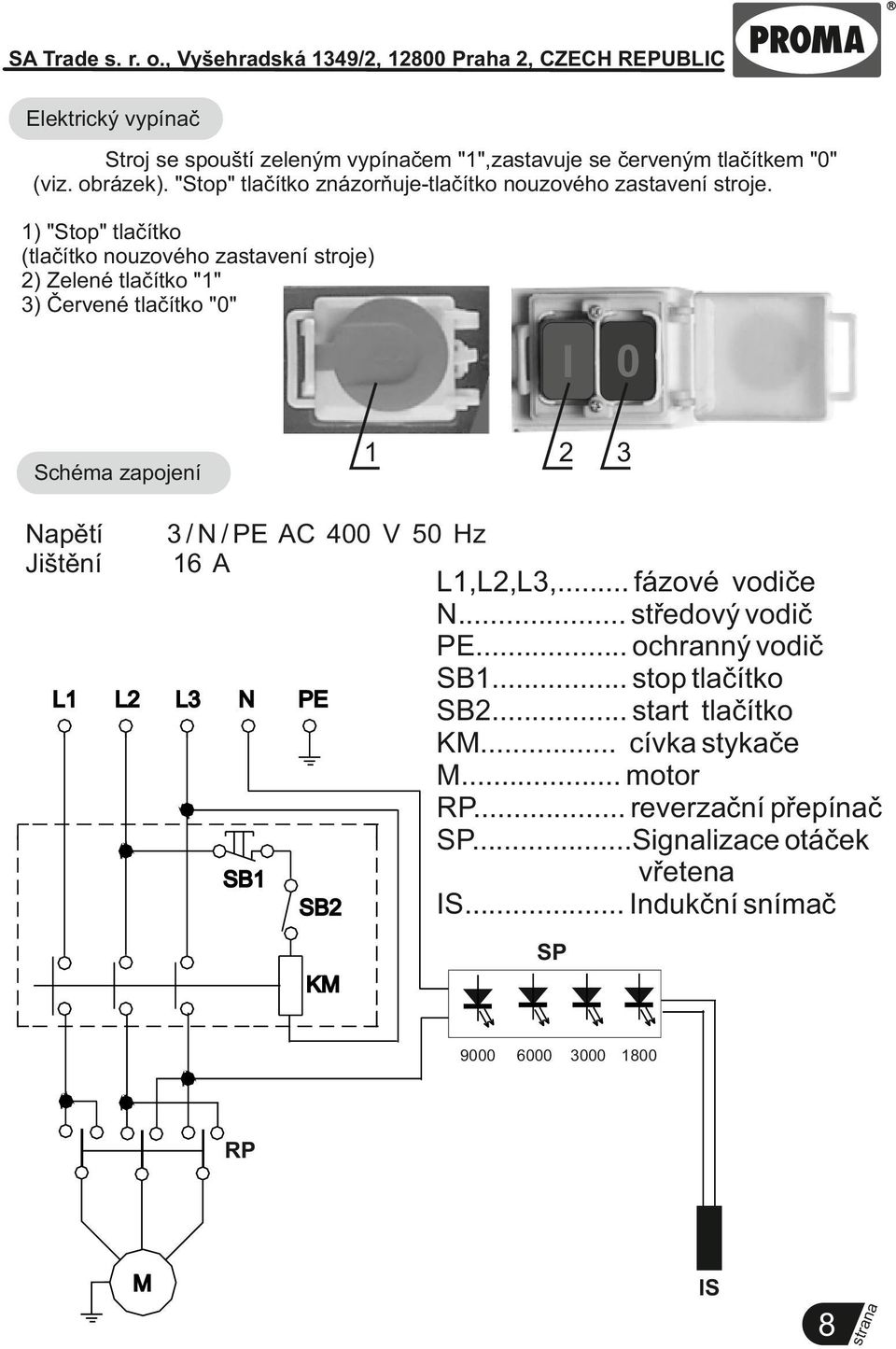 1) "Stop" tlačítko (tlačítko nouzového zastavení stroje) 2) Zelené tlačítko "1" 3) Červené tlačítko "0" I 0 Napětí Jištění 3 3 / N / PE AC 400 V 50 Hz 16