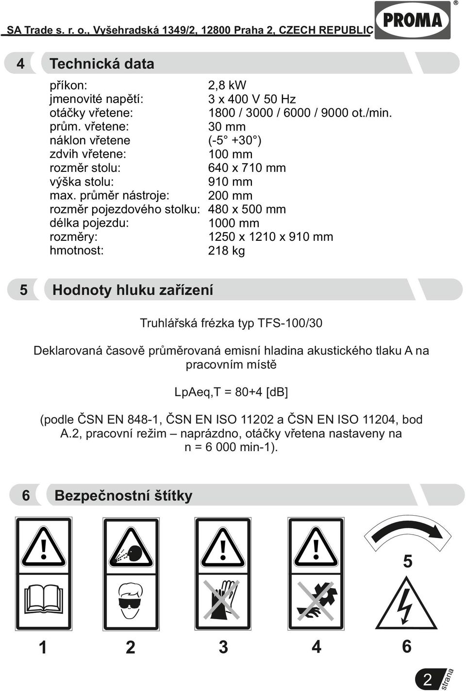 30 mm (-5 +30 ) 100 mm 640 x 710 mm 910 mm 200 mm 480 x 500 mm 1000 mm 1250 x 1210 x 910 mm 218 kg Hodnoty hluku zařízení Truhlářská frézka typ TFS-100/30 Deklarovaná