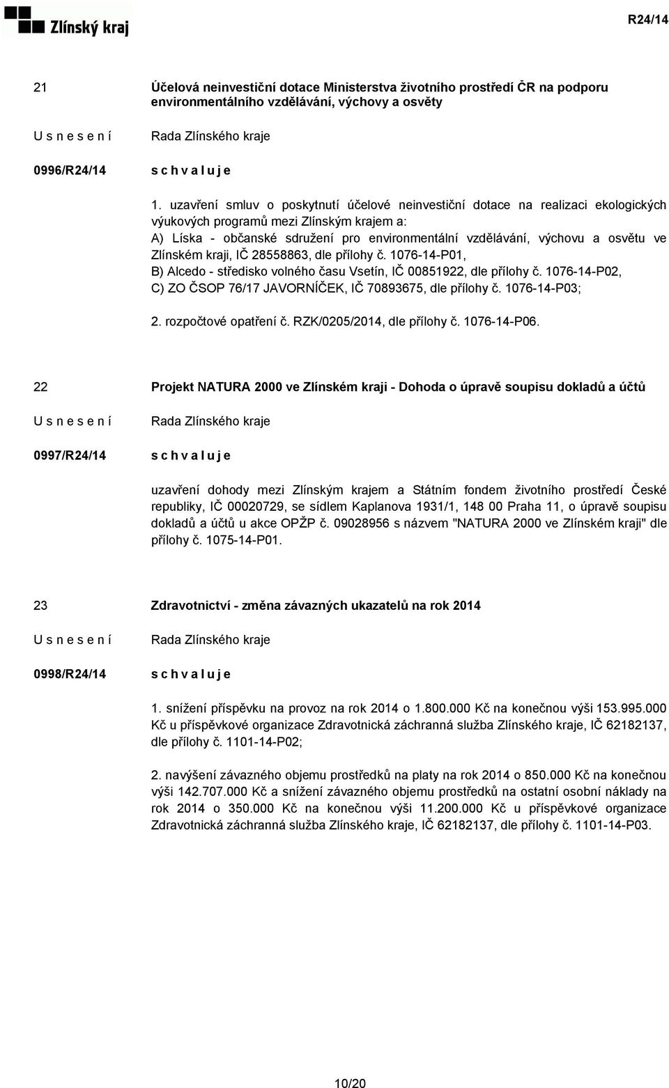 osvětu ve Zlínském kraji, IČ 28558863, dle přílohy č. 1076-14-P01, B) Alcedo - středisko volného času Vsetín, IČ 00851922, dle přílohy č.