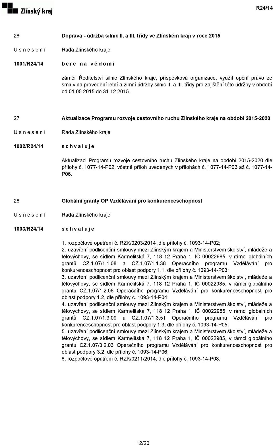 II. a III. třídy pro zajištění této údržby v období od 01.05.2015 