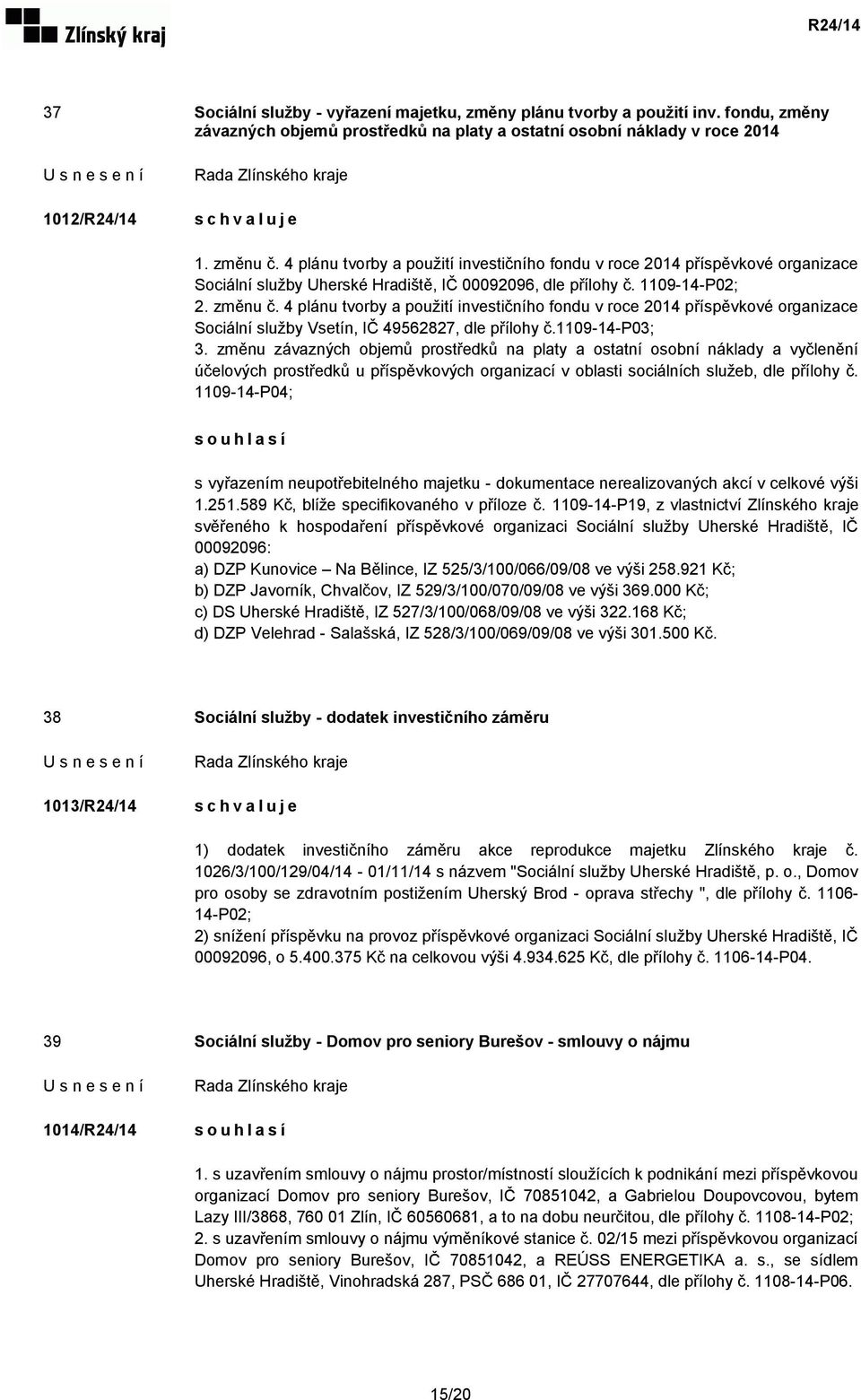 4 plánu tvorby a použití investičního fondu v roce 2014 příspěvkové organizace Sociální služby Vsetín, IČ 49562827, dle přílohy č.1109-14-p03; 3.