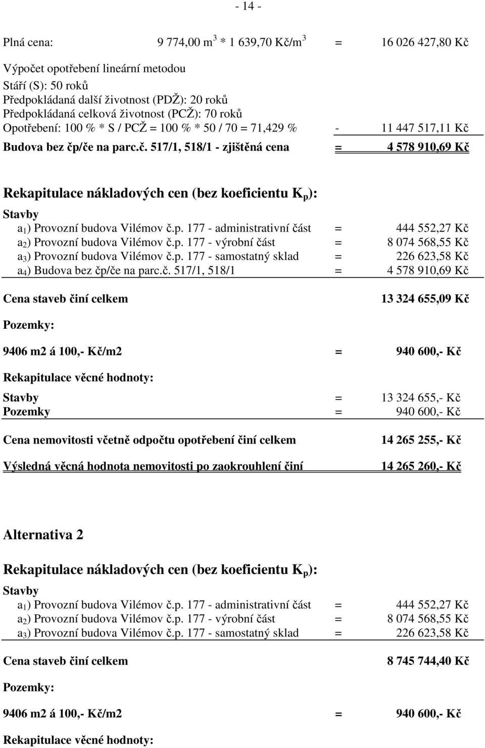 Budova bez čp/če na parc.č. 517/1, 518/1 - zjištěná cena = 4 578 910,69 Kč Rekapitulace nákladových cen (bez koeficientu K p ): Stavby a 1 ) Provozní budova Vilémov č.p. 177 - administrativní část = 444 552,27 Kč a 2 ) Provozní budova Vilémov č.