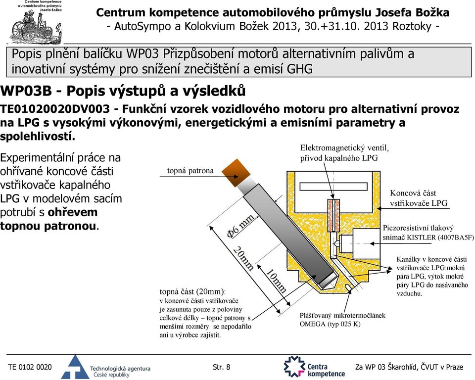 topná patrona Elektromagnetický ventil, přívod kapalného LPG Koncová část vstřikovače LPG Piezoresistivní tlakový snímač KISTLER (4007BA5F) topná část (20mm): v koncové části vstřikovače je zasunuta