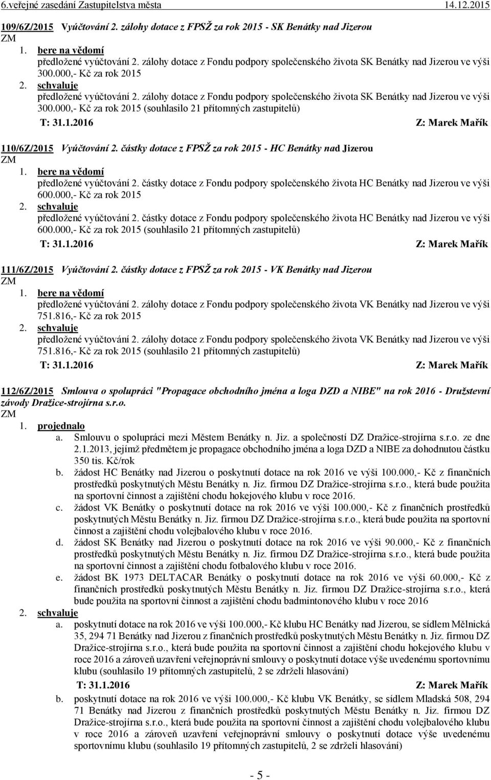 000,- Kč za rok 2015 (souhlasilo 21 přítomných zastupitelů) 110/6Z/2015 Vyúčtování 2. částky dotace z FPSŽ za rok 2015 - HC Benátky nad Jizerou předložené vyúčtování 2.