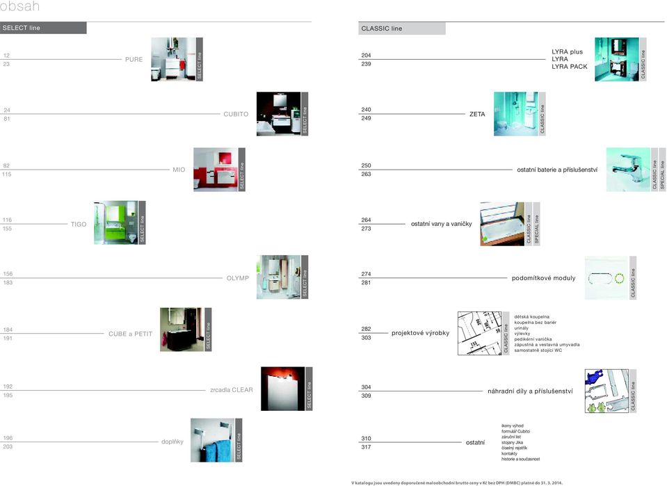 CUBE a PETIT SELECT line 282 303 projektové výrobky CLASSIC line dětská koupelna koupelna bez bariér urinály výlevky pedikérní vanička zápustná a vestavná umyvadla samostatně stojící WC 192 195