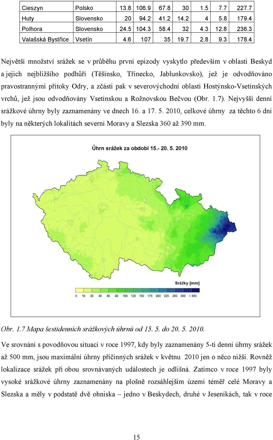 Odry, a zčásti pak v severovýchodní oblasti Hostýnsko-Vsetínských vrchů, jež jsou odvodňovány Vsetínskou a Rožnovskou Bečvou (Obr. 1.7). Nejvyšší denní srážkové úhrny byly zaznamenány ve dnech 16.