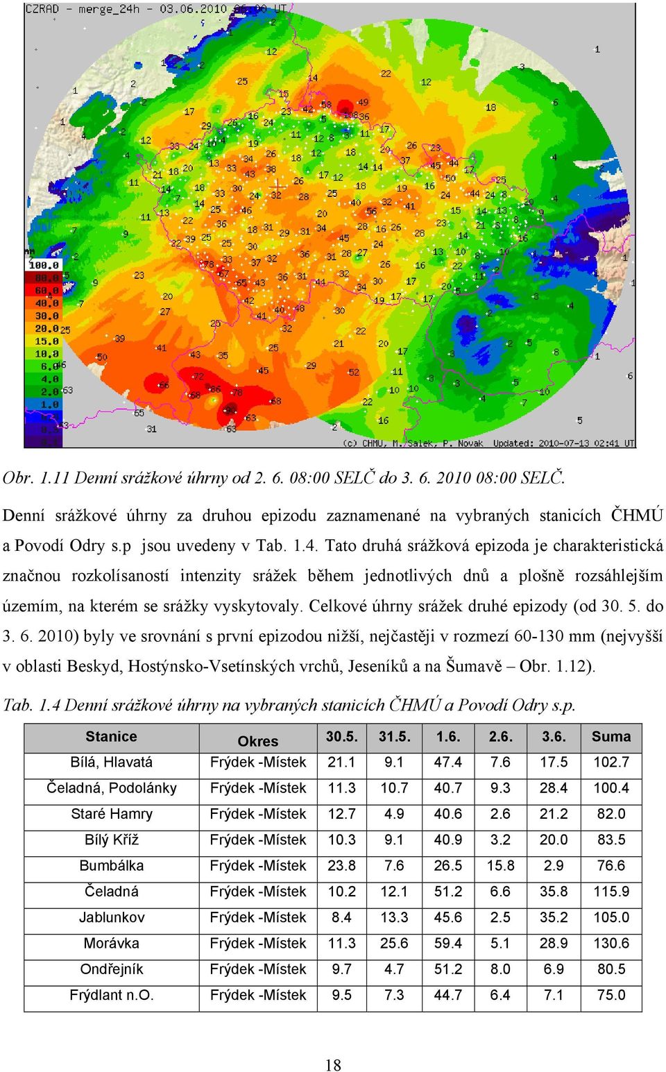 Celkové úhrny srážek druhé epizody (od 30. 5. do 3. 6.