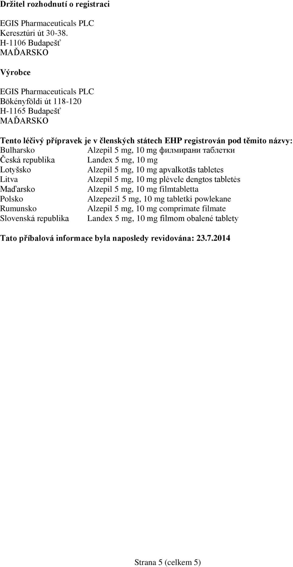 názvy: Bulharsko Alzepil 5 mg, 10 mg филмирани таблетки Česká republika Landex 5 mg, 10 mg Lotyšsko Alzepil 5 mg, 10 mg apvalkotās tabletes Litva Alzepil 5 mg, 10 mg plėvele dengtos