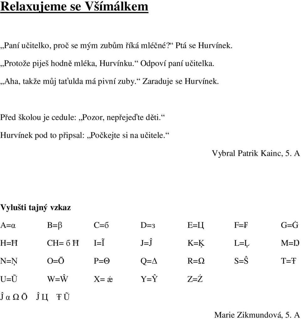 Před školou je cedule: Pozor, nepřejeďte děti. Hurvínek pod to připsal: Počkejte si na učitele. Vybral Patrik Kainc, 5.