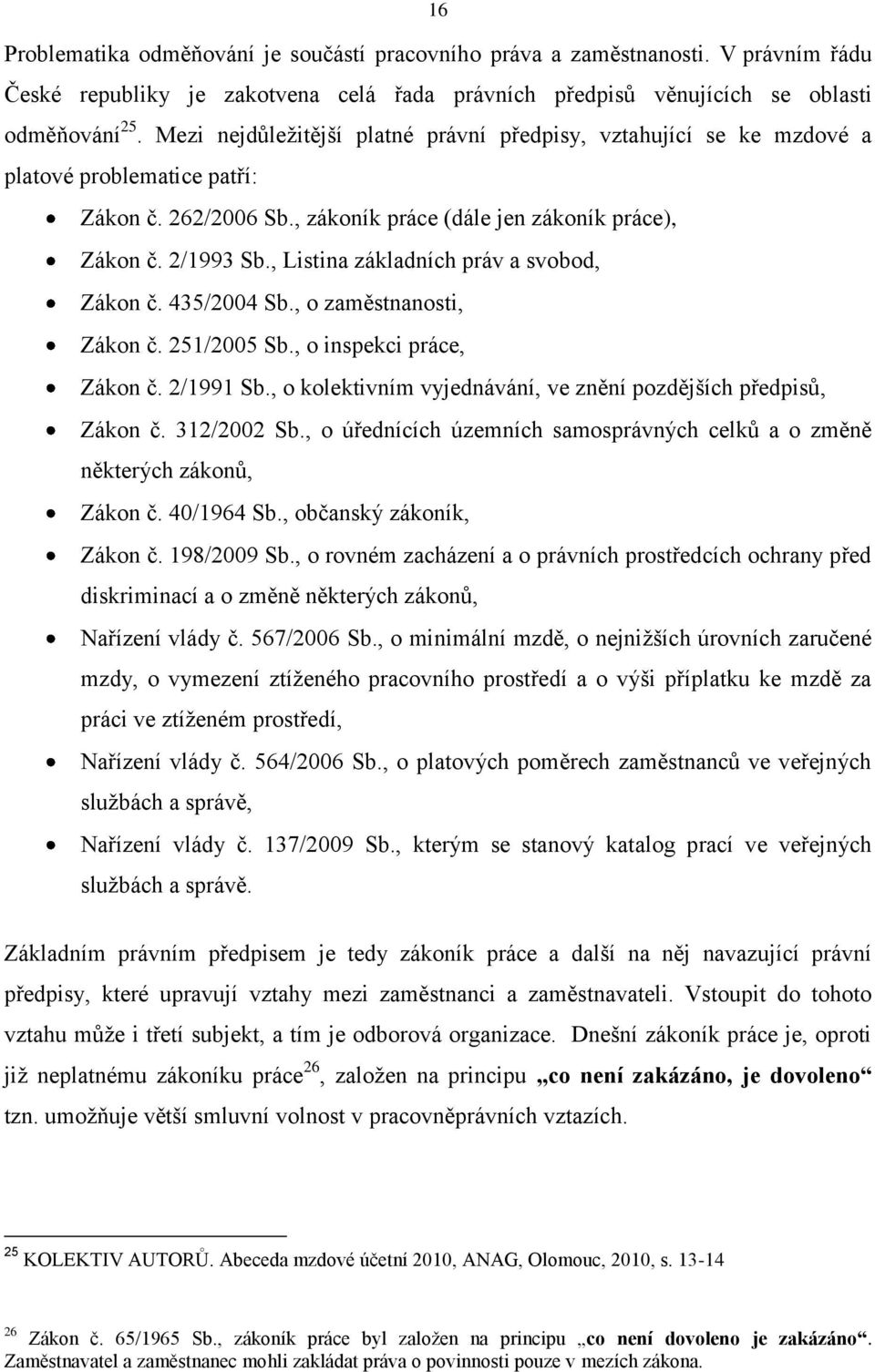 , Listina základních práv a svobod, Zákon č. 435/2004 Sb., o zaměstnanosti, Zákon č. 251/2005 Sb., o inspekci práce, Zákon č. 2/1991 Sb.