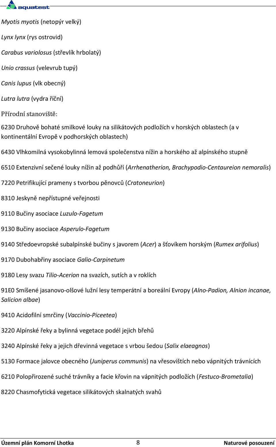 alpínského stupně 6510 Extenzivní sečené louky nížin až podhůří (Arrhenatherion, Brachypodio-Centaureion nemoralis) 7220 Petrifikující prameny s tvorbou pěnovců (Cratoneurion) 8310 Jeskyně